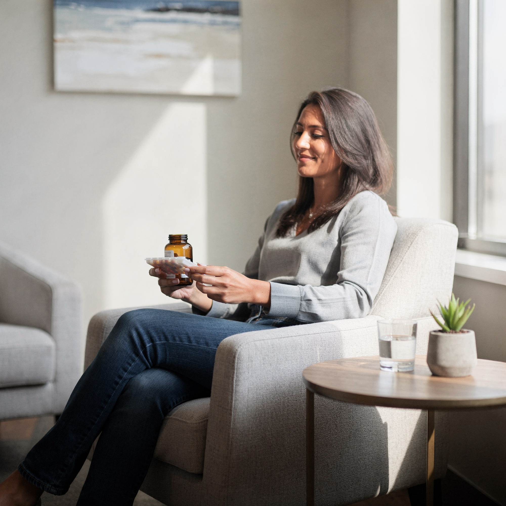 Woman holding a medication bottle while seated in a bright clinical consultation room